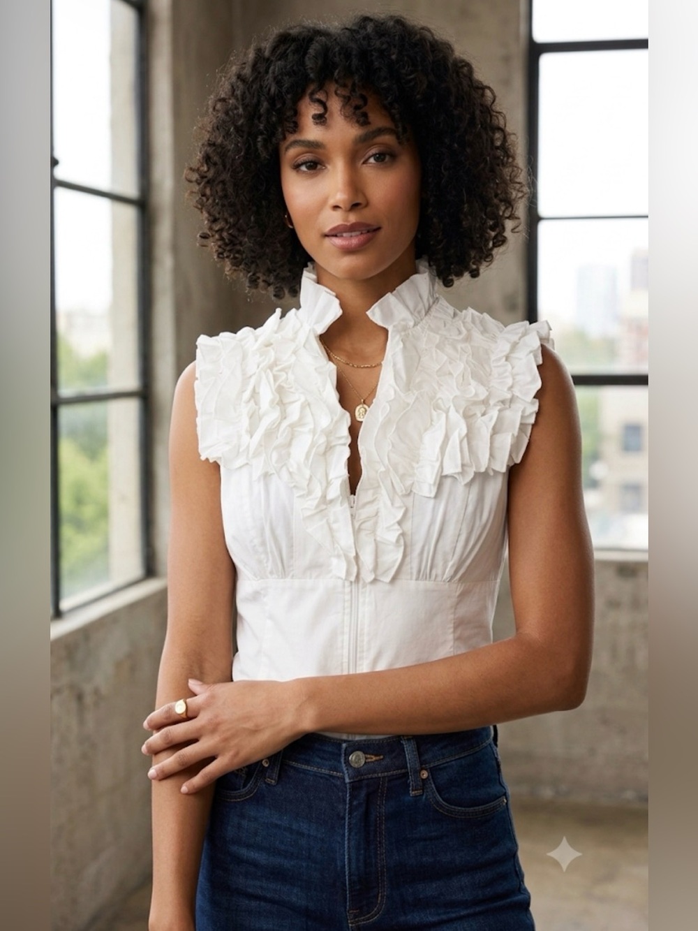 White Ruffle Sleeveless Euro Summer Poplin Top Sz 6 -